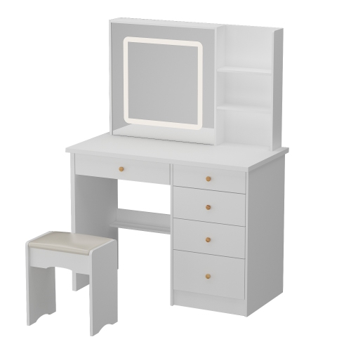 Image 1 of 10.. Famapy Modern Vanity Set with Lighted Mirror - Makeup Dressing Table 5-Drawer & Storage Shelves, Includes Cushioned Stool for Bedroom, Compact, White