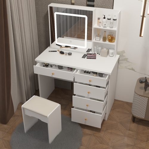 Famapy – Coiffeuse moderne avec miroir éclairé – Table à langer Makeup à 5 tiroirs et tablettes de rangement, tabouret rembourré pour chambre,
