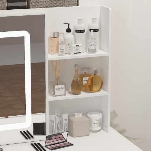 Famapy – Coiffeuse moderne avec miroir éclairé – Table à langer Makeup à 5 tiroirs et tablettes de rangement, tabouret rembourré pour chambre,