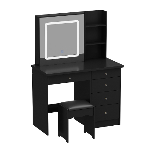 Image 1 of 10.. Famapy Modern Vanity Set with Lighted Mirror - Makeup Dressing Table 5-Drawer & Storage Shelves, Includes Cushioned Stool for Bedroom, Compact, Black