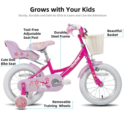 JOYSTAR Unicorn 14 Inch Girls Bike for Ages 3-5 Years | Princess-Themed Kids Bicycle with Training Wheels, Doll Seat, Basket & Streamers | Fuchsia