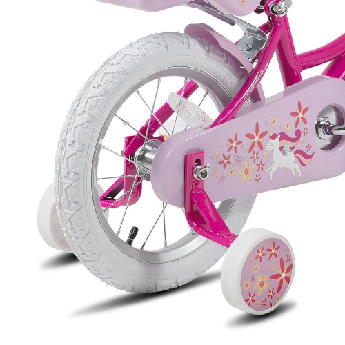 JOYSTAR Unicorn 14 Inch Girls Bike for Ages 3-5 Years | Princess-Themed Kids Bicycle with Training Wheels, Doll Seat, Basket & Streamers | Fuchsia