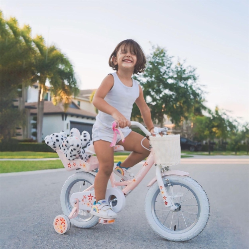 JOYSTAR Unicorn 12 Inch Girls Bike for Ages 2-4 Years | Princess-Themed Toddler Bike with Training Wheels, Doll Seat, Basket & Streamers | Pink