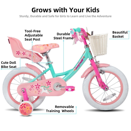 JOYSTAR Unicorn 14 Inch Girls Bike for Ages 3-5 Years | Princess-Themed Kids Bicycle with Training Wheels, Doll Seat, Basket & Streamers | Green