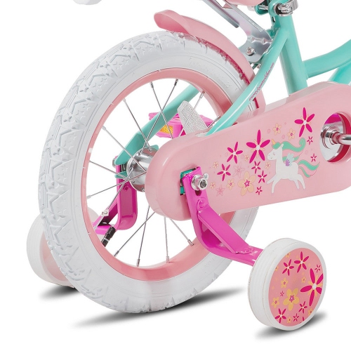 JOYSTAR Unicorn 14 Inch Girls Bike for Ages 3-5 Years | Princess-Themed Kids Bicycle with Training Wheels, Doll Seat, Basket & Streamers | Green