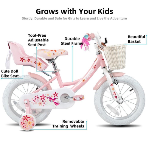 JOYSTAR Unicorn 14 Inch Girls Bike for Ages 3-5 Years | Princess-Themed Kids Bicycle with Training Wheels, Doll Seat, Basket & Streamers | Pink