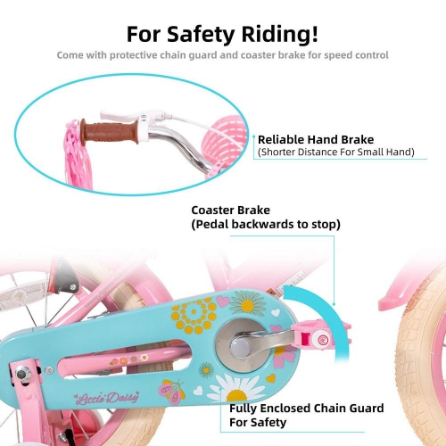 Vélo de 14&nbsp;po pour filles Little Daisy de JOYSTAR avec roues stabilisatrices, siège de poupée, panier, banderoles, modèle de princesse pour