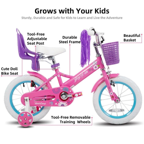 JOYSTAR Little Daisy 14 Inch Toddler Bicycle with Training Wheels, Doll Seat, Basket, Streamers, Princess Ride for Girls 3-5 Years, Fuchsia