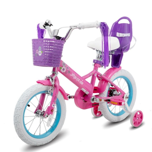 JOYSTAR Little Daisy 14 Inch Toddler Bicycle with Training Wheels, Doll Seat, Basket, Streamers, Princess Ride for Girls 3-5 Years, Fuchsia