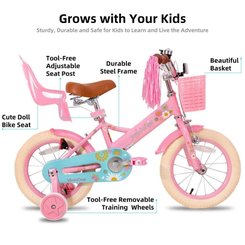 Vélo pour tout-petit Little Daisy de JOYSTAR de 16&nbsp;po avec roues stabilisatrices, siège de poupée, panier, banderoles, style princesse pour
