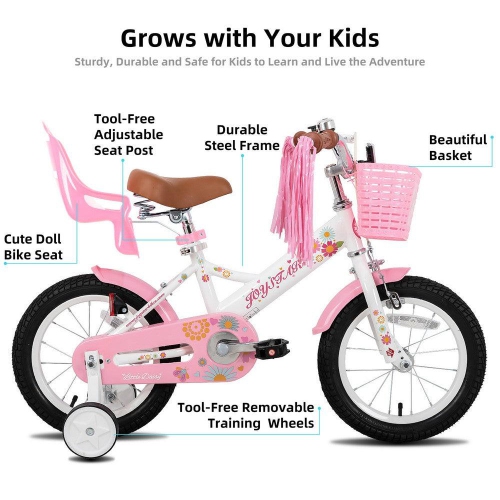 Vélo de 14&nbsp;po pour enfants Little Daisy de JOYSTAR avec roues d'entraînement, siège de poupée, panier, banderoles, Princesse Look pour filles