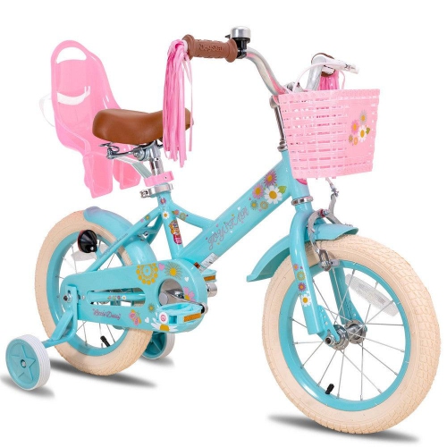 JOYSTAR  Little Daisy 14 Inch Kids’ Bike With Training Wheels, Doll Seat, Basket, Streamers, Princess Style for Girls 3-5 Years In Blue