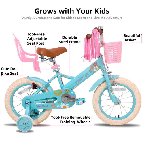 JOYSTAR Little Daisy 14 Inch Kids’ Bike with Training Wheels, Doll Seat, Basket, Streamers, Princess Style for Girls 3-5 Years, Blue