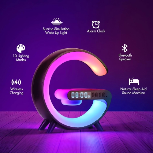 Wireless Charger Atmosphere Lamp, Mini LED Table Lamp, Bluetooth Speaker, Dimmable Night Light Bedside Lamp Alarm Clock with Music for Christmas
