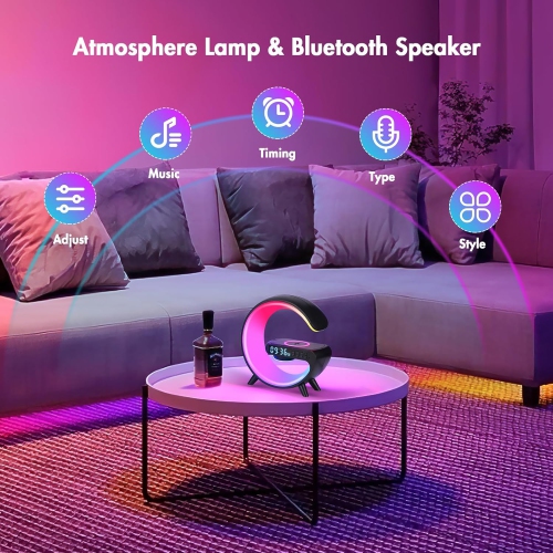 Wireless Charger Atmosphere Lamp, Mini LED Table Lamp, Bluetooth Speaker, Dimmable Night Light Bedside Lamp Alarm Clock with Music for Christmas