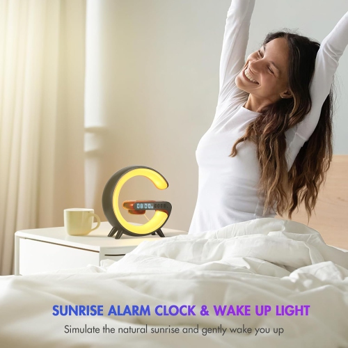 Wireless Charger Atmosphere Lamp, Mini LED Table Lamp, Bluetooth Speaker, Dimmable Night Light Bedside Lamp Alarm Clock with Music for Christmas