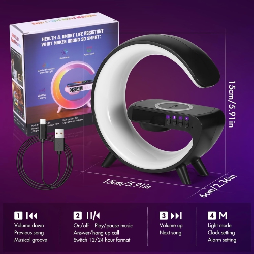 Wireless Charger Atmosphere Lamp, Mini LED Table Lamp, Bluetooth Speaker, Dimmable Night Light Bedside Lamp Alarm Clock with Music for Christmas