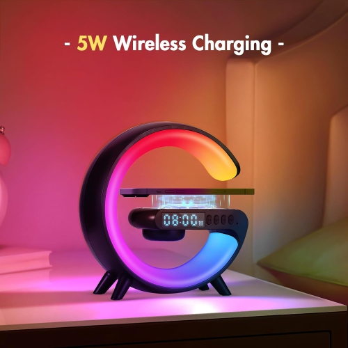 Wireless Charger Atmosphere Lamp, Mini LED Table Lamp, Bluetooth Speaker, Dimmable Night Light Bedside Lamp Alarm Clock with Music for Christmas