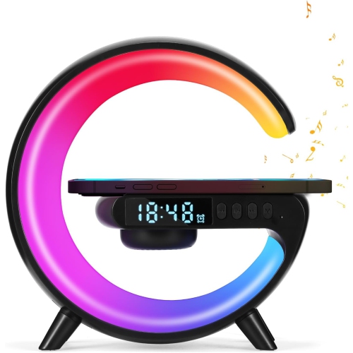 Wireless Charger Atmosphere Lamp, Mini LED Table Lamp, Bluetooth Speaker, Dimmable Night Light Bedside Lamp Alarm Clock with Music for Christmas