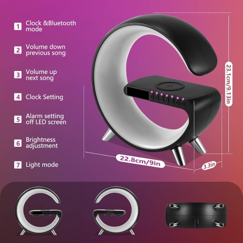 Wireless Charger Atmosphere Lamp, 2025 New Intelligent LED Table Lamp, Bluetooth Speaker, Dimmable Night Light Bedside Lamp Alarm Clock with Music