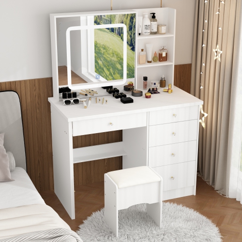 Homsee – Table à langer à 5 tiroirs avec tablettes de rangement, tabouret rembourré inclus, modèle compact pour chambre à coucher, blanc