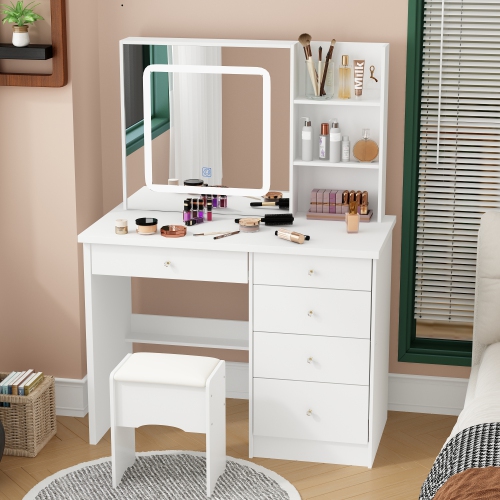 Homsee – Table à langer à 5 tiroirs avec tablettes de rangement, tabouret rembourré inclus, modèle compact pour chambre à coucher, blanc