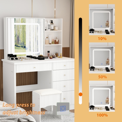 Homsee – Table à langer à 5 tiroirs avec tablettes de rangement, tabouret rembourré inclus, modèle compact pour chambre à coucher, blanc