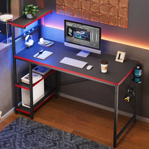 Bestier 44.3" Gaming Desk with RGB LED Light, Computer Desk with 4 Tier Reversible Storage Shelves, Hooks and Magnet