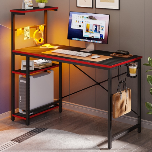 Bestier 44.3" Gaming Desk with RGB LED Light, Computer Desk with 4 Tier Reversible Storage Shelves, Hooks and Magnet