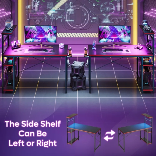Bestier 44.3" Gaming Desk with RGB LED Light, Computer Desk with 4 Tier Reversible Storage Shelves, Hooks and Magnet