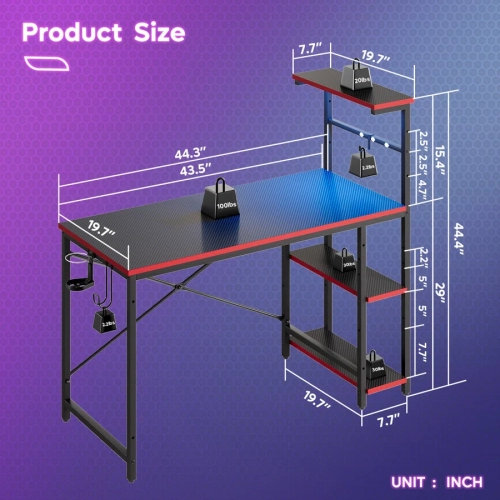 Bestier 44.3" Gaming Desk with RGB LED Light, Computer Desk with 4 Tier Reversible Storage Shelves, Hooks and Magnet
