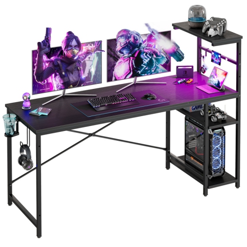 Bestier61.3" Gaming Desk with RGB LED Light, Computer Desk with 4 Tier Reversible Storage Shelves, Hooks and Magnet