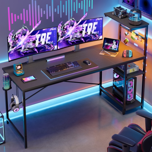 Bestier61.3" Gaming Desk with RGB LED Light, Computer Desk with 4 Tier Reversible Storage Shelves, Hooks and Magnet