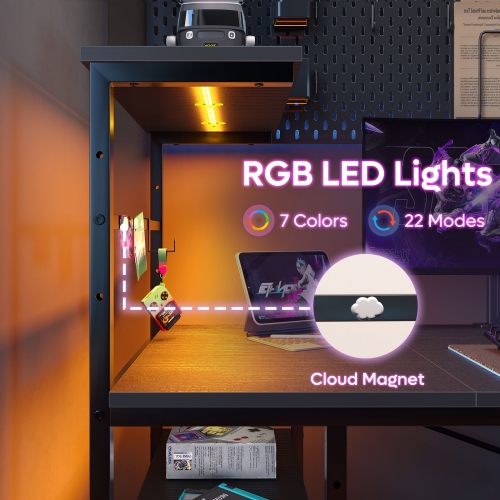 Bestier61.3" Gaming Desk with RGB LED Light, Computer Desk with 4 Tier Reversible Storage Shelves, Hooks and Magnet