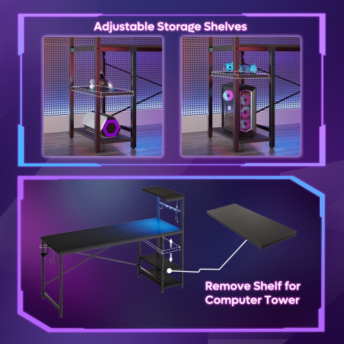 Bestier61.3" Gaming Desk with RGB LED Light, Computer Desk with 4 Tier Reversible Storage Shelves, Hooks and Magnet