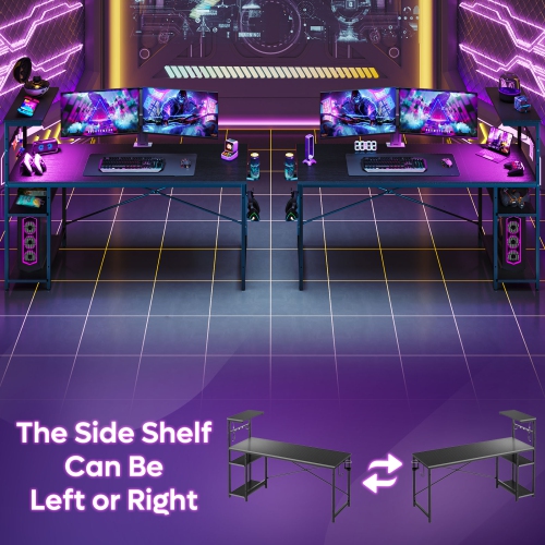 Bestier61.3" Gaming Desk with RGB LED Light, Computer Desk with 4 Tier Reversible Storage Shelves, Hooks and Magnet