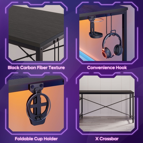 Bestier61.3" Gaming Desk with RGB LED Light, Computer Desk with 4 Tier Reversible Storage Shelves, Hooks and Magnet