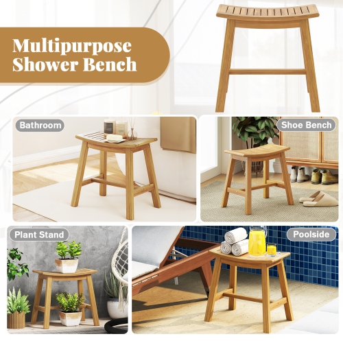 Gymax Shower Bench Teak Wood Shower Stool w/ Curved Seat Waterproof Bath Bench