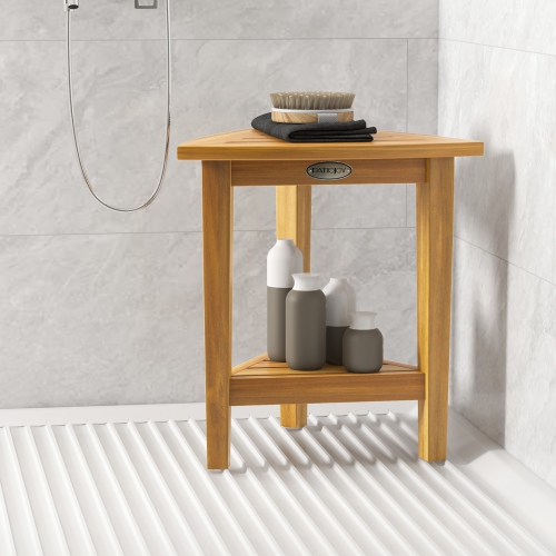 Gymax Shower Stool Teak Wood Corner Bath Stool w/ Storage Shelf Shower Seat Chair