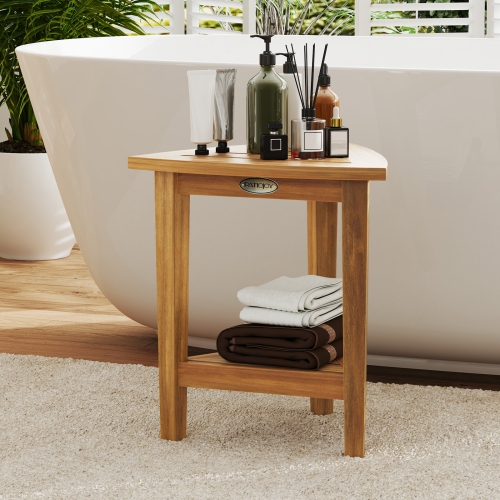 Gymax Shower Stool Teak Wood Corner Bath Stool w/ Storage Shelf Shower Seat Chair
