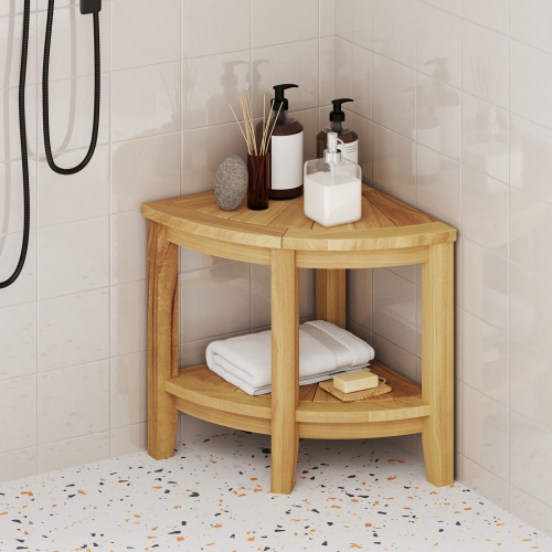Gymax Corner Shower Stool Teak Wood Shower Bench w/ Storage Shelf Bathroom Foot Stool