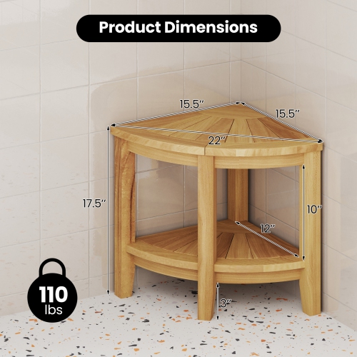 Gymax Corner Shower Stool Teak Wood Shower Bench w/ Storage Shelf Bathroom Foot Stool