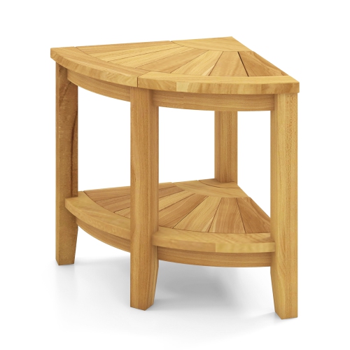 Gymax Corner Shower Stool Teak Wood Shower Bench w/ Storage Shelf Bathroom Foot Stool