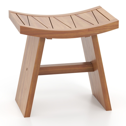 Gymax 18 Inch Teak Wood Shower Bench Wooden Shower Stool w/ Curved Seat for Bathroom