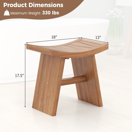 Gymax 18 Inch Teak Wood Shower Bench Wooden Shower Stool w/ Curved Seat for Bathroom