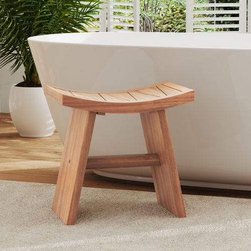 Gymax 18 Inch Teak Wood Shower Bench Wooden Shower Stool w/ Curved Seat for Bathroom