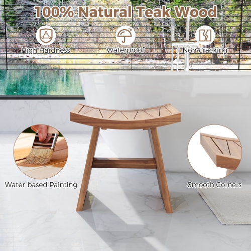 Gymax 18 Inch Teak Wood Shower Bench Wooden Shower Stool w/ Curved Seat for Bathroom