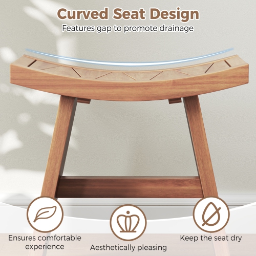 Gymax 18 Inch Teak Wood Shower Bench Wooden Shower Stool w/ Curved Seat for Bathroom