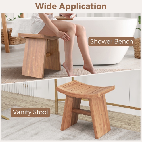 Gymax 18 Inch Teak Wood Shower Bench Wooden Shower Stool w/ Curved Seat for Bathroom