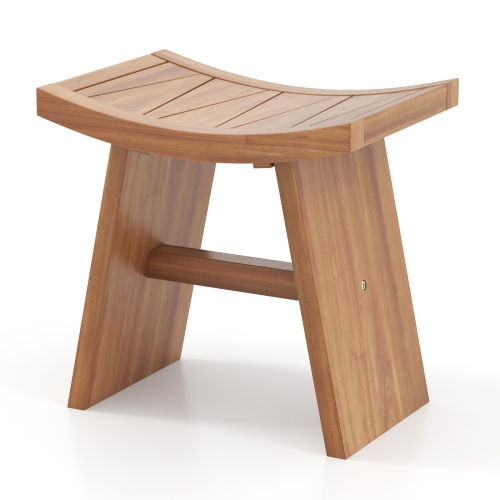 Gymax 18 Inch Teak Wood Shower Bench Wooden Shower Stool w/ Curved Seat for Bathroom